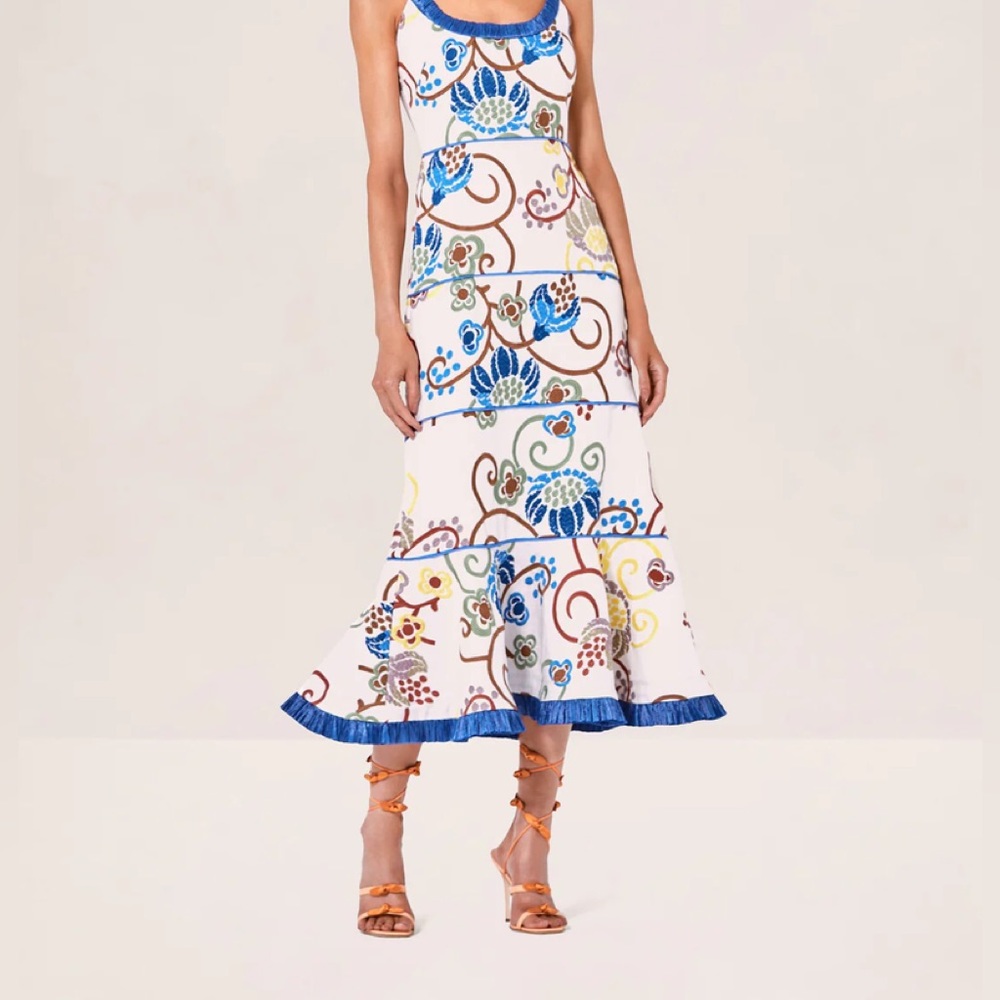 Alexis Linen dress with floral embroidery.